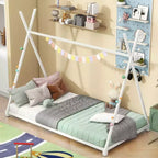 Twin Size Metal House Bed Frame with Safety Railings, White