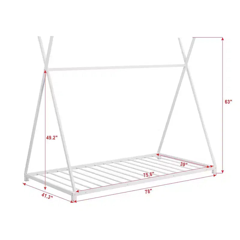 Twin Size Metal House Bed Frame with Safety Railings, White