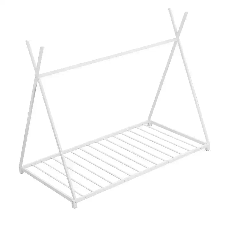 Twin Size Metal House Bed Frame with Safety Railings, White