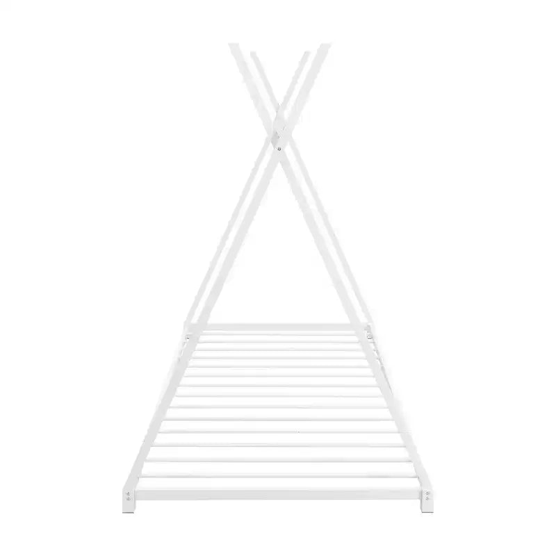 Twin Size Metal House Bed Frame with Safety Railings, White