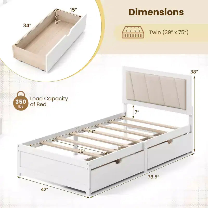 Twin Size Platform Bed Frame with 2 Storage Drawers and Upholstered Headboard