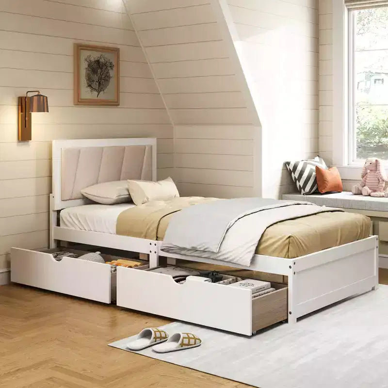 Twin Size Platform Bed Frame with 2 Storage Drawers and Upholstered Headboard