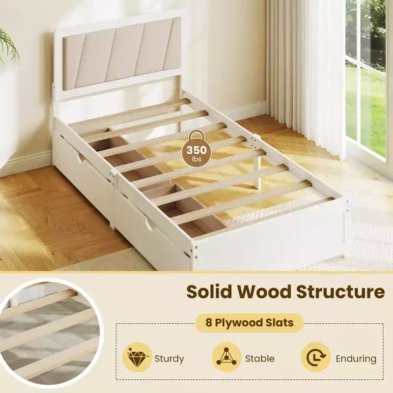 Twin Size Platform Bed Frame with 2 Storage Drawers and Upholstered Headboard
