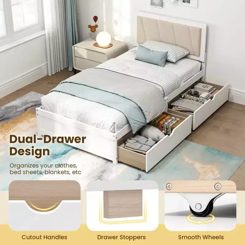 Twin Size Platform Bed Frame with 2 Storage Drawers and Upholstered Headboard