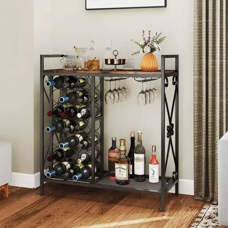 21 Bottle Wine Rack with Storage Shelf, Glass Holder and Metal Frame