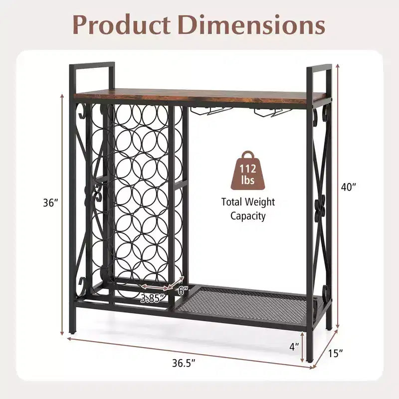 21 Bottle Wine Rack with Storage Shelf, Glass Holder and Metal Frame