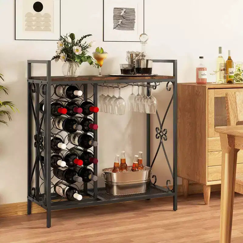 21 Bottle Wine Rack with Storage Shelf, Glass Holder and Metal Frame