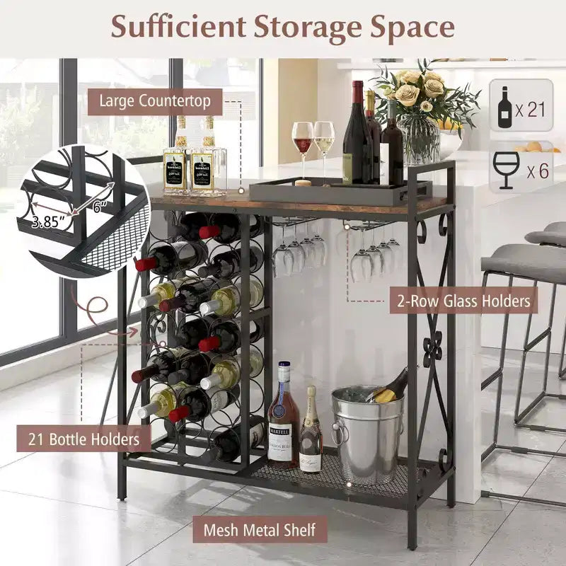 21 Bottle Wine Rack with Storage Shelf, Glass Holder and Metal Frame