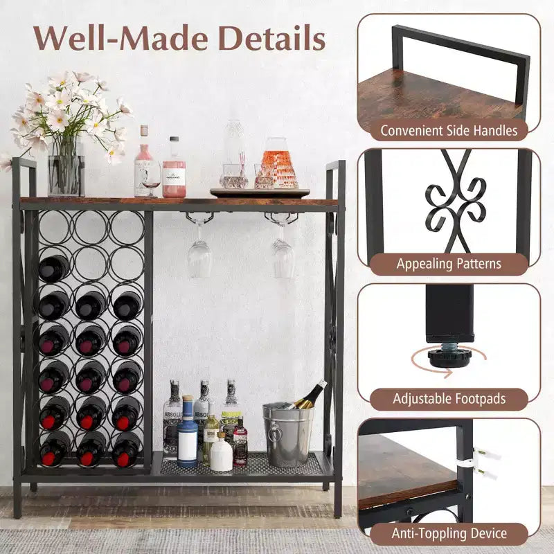 21 Bottle Wine Rack with Storage Shelf, Glass Holder and Metal Frame
