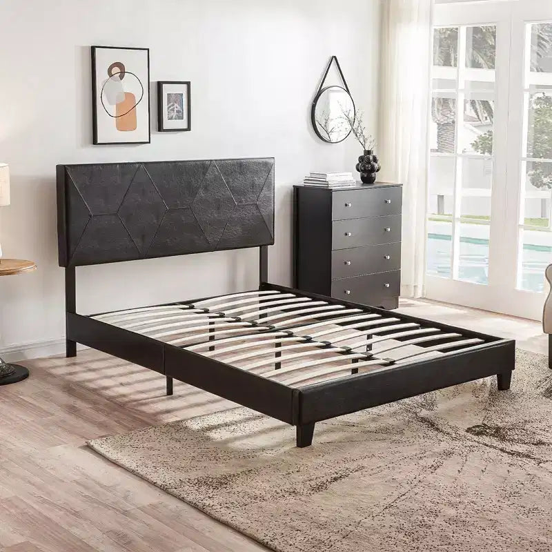 Queen Size Upholstered Platform Bed Frame with Wood Slat Support, Black