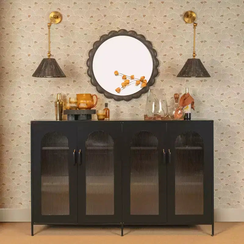 Metal Sideboard Cabinet with Glass Panel Doors, Black