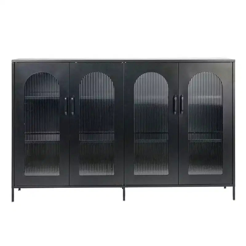 Metal Sideboard Cabinet with Glass Panel Doors, Black