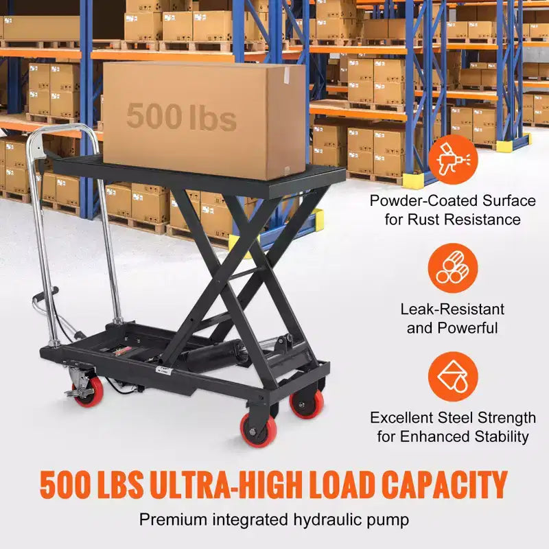 Hydraulic Lift Table Cart, 500 lbs Capacity, 28.5" Lifting Height, Manual Single Scissor Lift with 4 Wheels and Non-Slip Pad