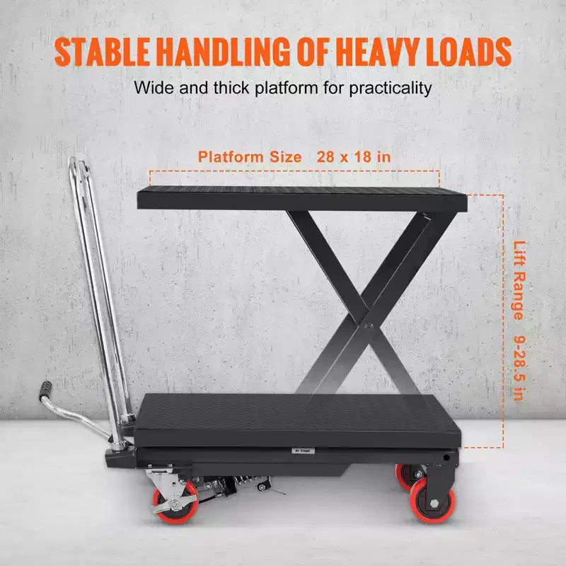 Hydraulic Lift Table Cart, 500 lbs Capacity, 28.5" Lifting Height, Manual Single Scissor Lift with 4 Wheels and Non-Slip Pad