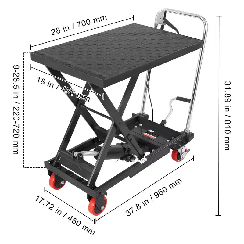 Hydraulic Lift Table Cart, 500 lbs Capacity, 28.5" Lifting Height, Manual Single Scissor Lift with 4 Wheels and Non-Slip Pad
