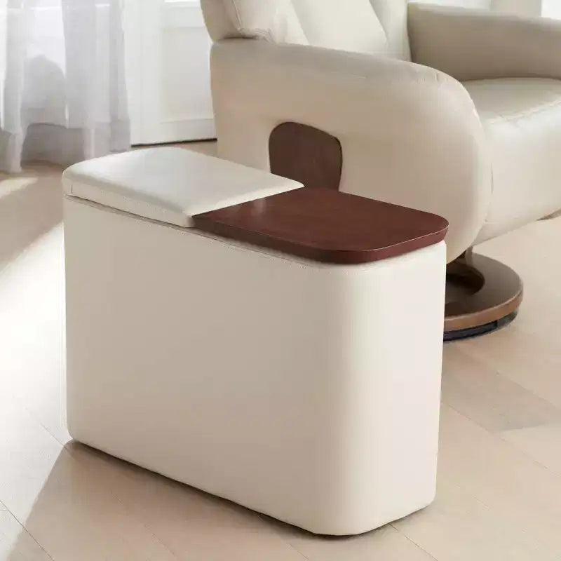 Mid-Century Modern Faux Leather Console Table with Storage and Drink Holders – Taupe