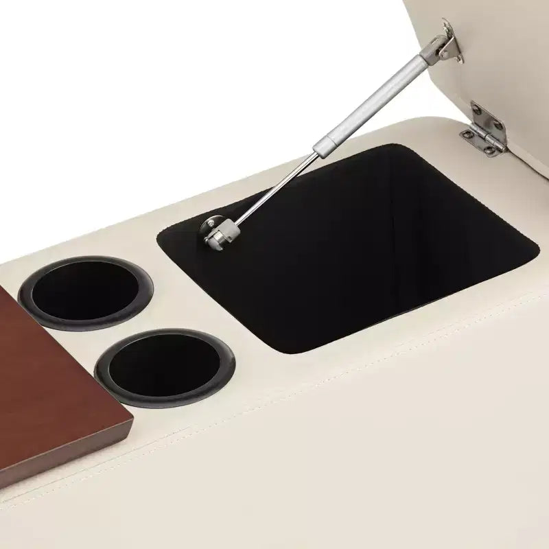 Mid-Century Modern Faux Leather Console Table with Storage and Drink Holders – Taupe