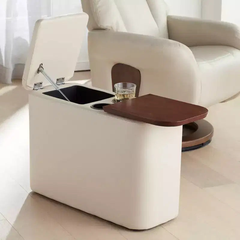 Mid-Century Modern Faux Leather Console Table with Storage and Drink Holders – Taupe