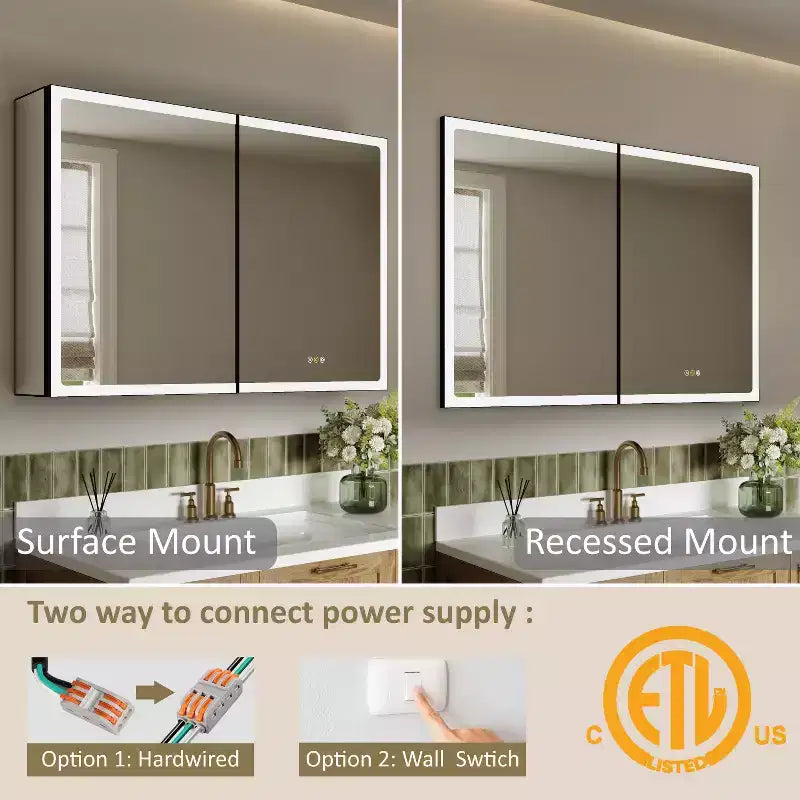 LED Medicine Cabinet with Mirror – Recessed or Wall Mounted, Dimmable, 3-Color Light, Anti-Fog, Adjustable Shelves, Black