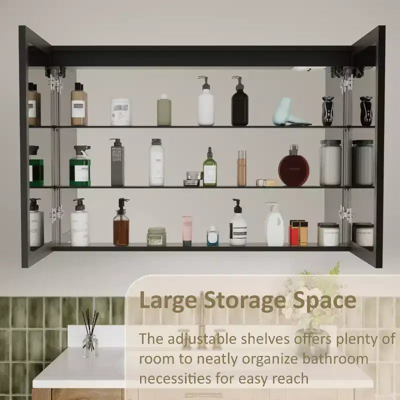 LED Medicine Cabinet with Mirror – Recessed or Wall Mounted, Dimmable, 3-Color Light, Anti-Fog, Adjustable Shelves, Black
