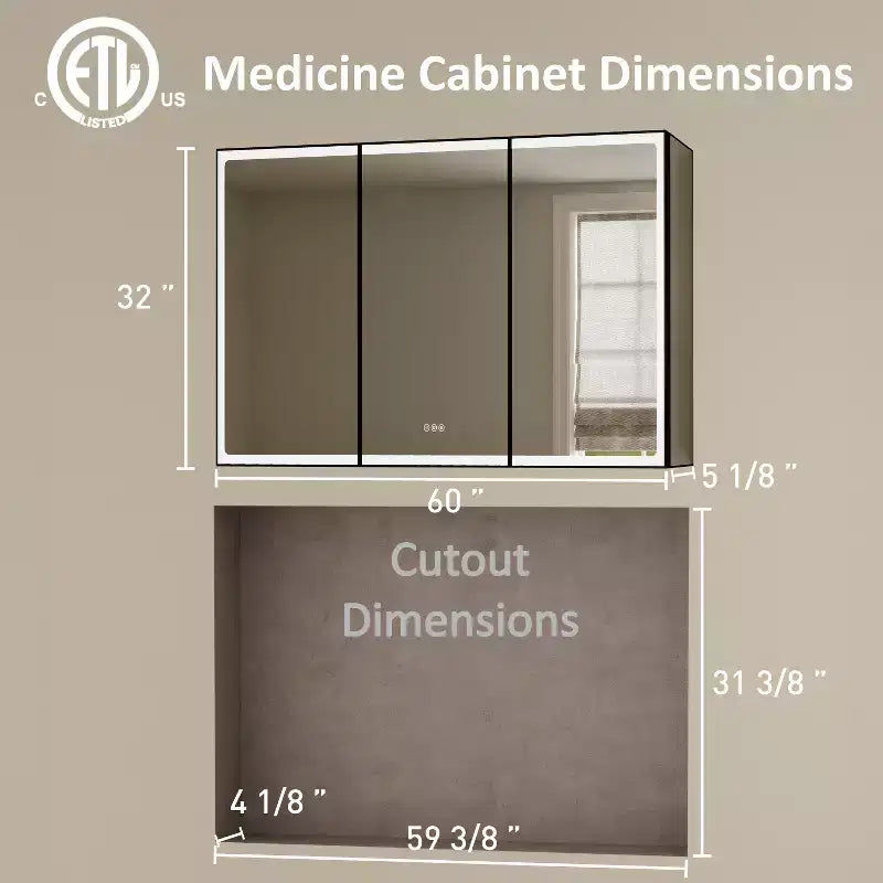 LED Medicine Cabinet with Mirror – Recessed or Wall Mounted, Dimmable, 3-Color Light, Anti-Fog, Adjustable Shelves, Black