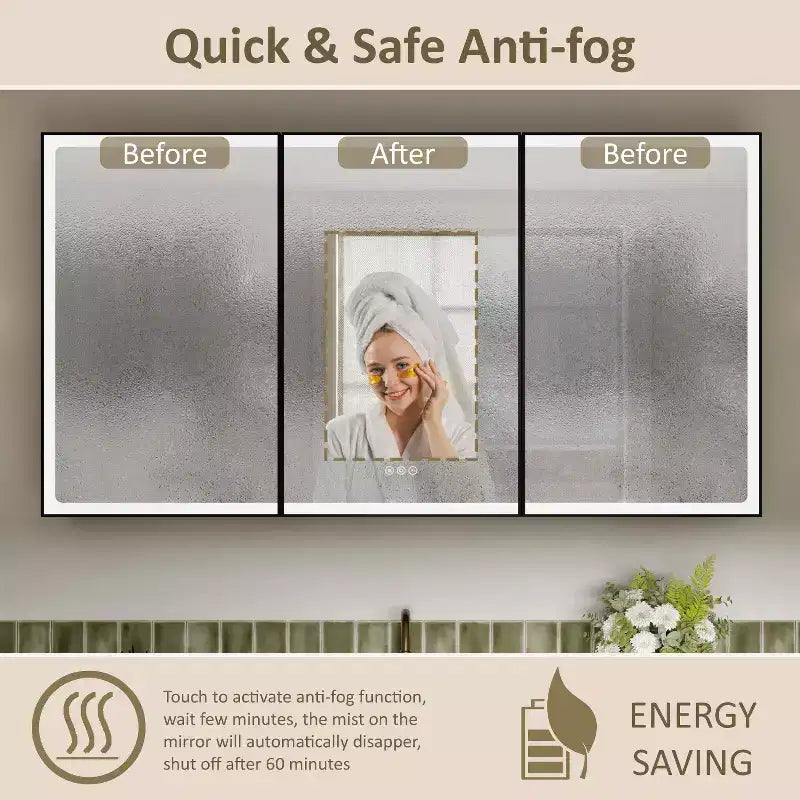 LED Medicine Cabinet with Mirror – Recessed or Wall Mounted, Dimmable, 3-Color Light, Anti-Fog, Adjustable Shelves, Black