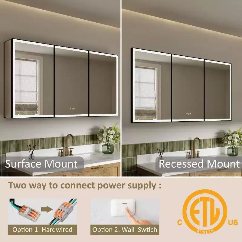LED Medicine Cabinet with Mirror – Recessed or Wall Mounted, Dimmable, 3-Color Light, Anti-Fog, Adjustable Shelves, Black