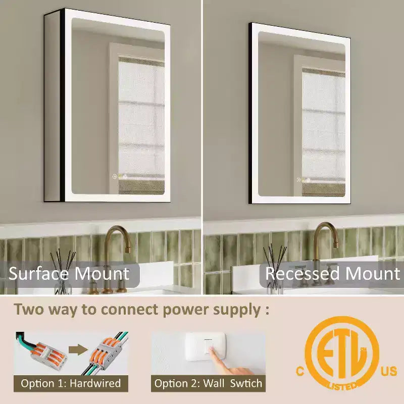 LED Medicine Cabinet with Mirror – Recessed or Wall Mounted, Dimmable, 3-Color Light, Anti-Fog, Adjustable Shelves, Black