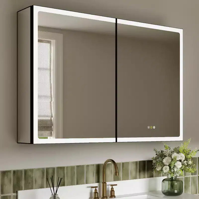 LED Medicine Cabinet with Mirror – Recessed or Wall Mounted, Dimmable, 3-Color Light, Anti-Fog, Adjustable Shelves, Black