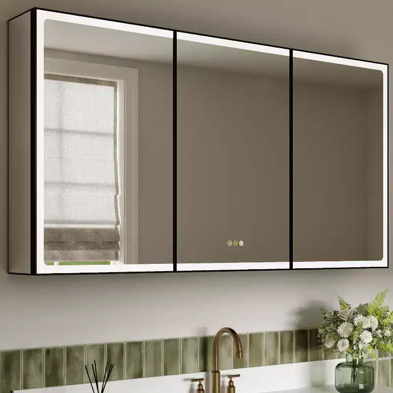 LED Medicine Cabinet with Mirror – Recessed or Wall Mounted, Dimmable, 3-Color Light, Anti-Fog, Adjustable Shelves, Black