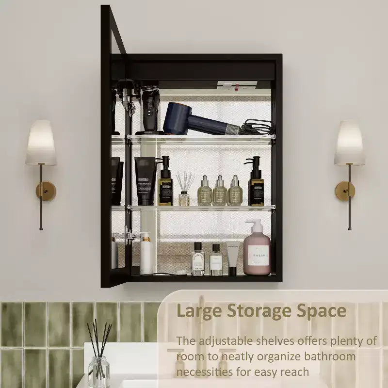 LED Medicine Cabinet with Mirror – Recessed or Wall Mounted, Dimmable, 3-Color Light, Anti-Fog, Adjustable Shelves, Black