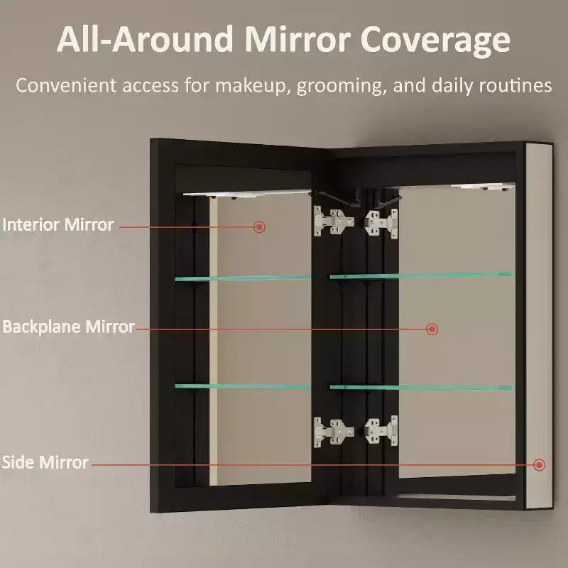LED Medicine Cabinet with Mirror – Recessed or Wall Mounted, Dimmable, 3-Color Light, Anti-Fog, Adjustable Shelves, Black