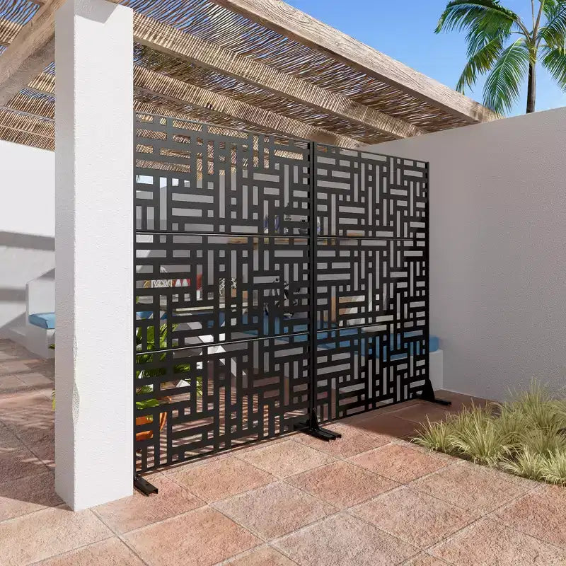 72x47x16 Inch Black Galvanized Steel Outdoor Privacy Screen, 3-Piece Set