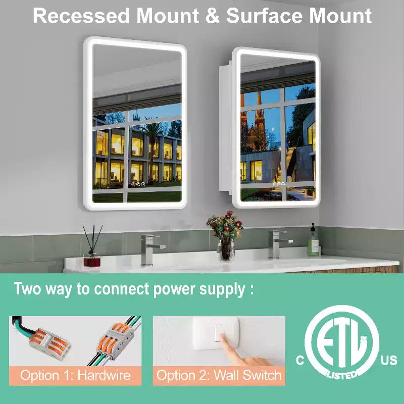LED Medicine Cabinet with Mirror – Recessed or Wall Mounted, Dimmable 3-Mode Light, Anti-Fog, Adjustable Shelves