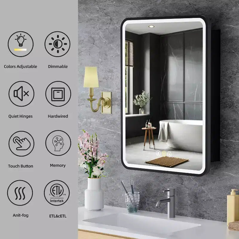 LED Medicine Cabinet with Mirror – Recessed or Wall Mounted, Dimmable 3-Mode Light, Anti-Fog, Adjustable Shelves