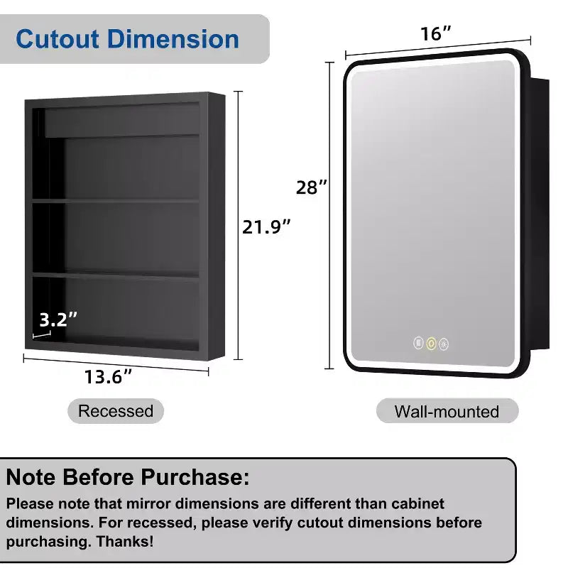 LED Medicine Cabinet with Mirror – Recessed or Wall Mounted, Dimmable 3-Mode Light, Anti-Fog, Adjustable Shelves