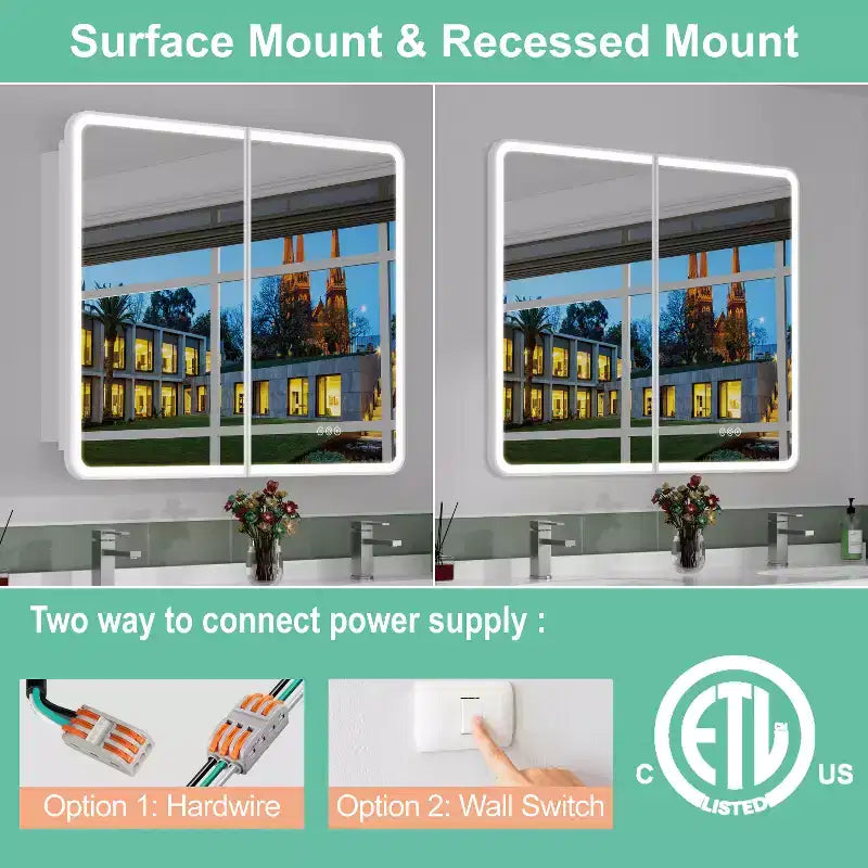 LED Medicine Cabinet with Mirror – Recessed or Wall Mounted, Dimmable 3-Mode Light, Anti-Fog, Adjustable Shelves