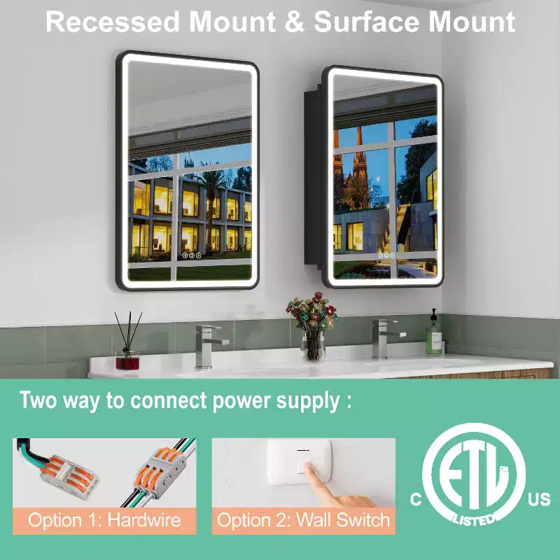 LED Medicine Cabinet with Mirror – Recessed or Wall Mounted, Dimmable 3-Mode Light, Anti-Fog, Adjustable Shelves