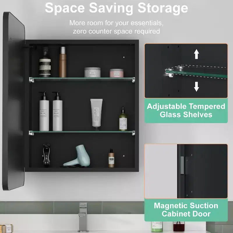 LED Medicine Cabinet with Mirror – Recessed or Wall Mounted, Dimmable 3-Mode Light, Anti-Fog, Adjustable Shelves