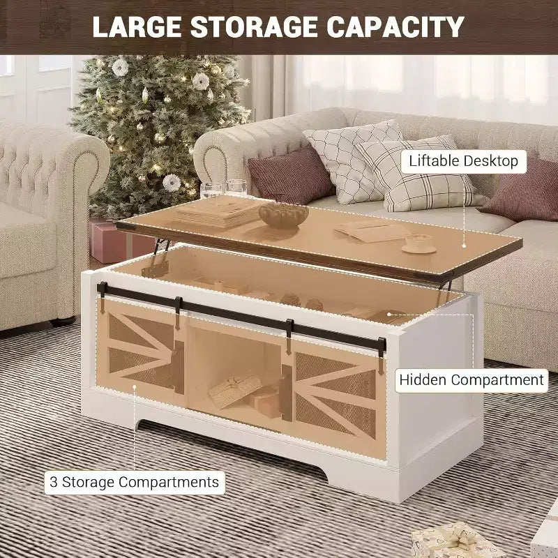 47.2" Lift Top Coffee Table with Storage, Drawers & Adjustable Shelves – Rustic Farmhouse Style