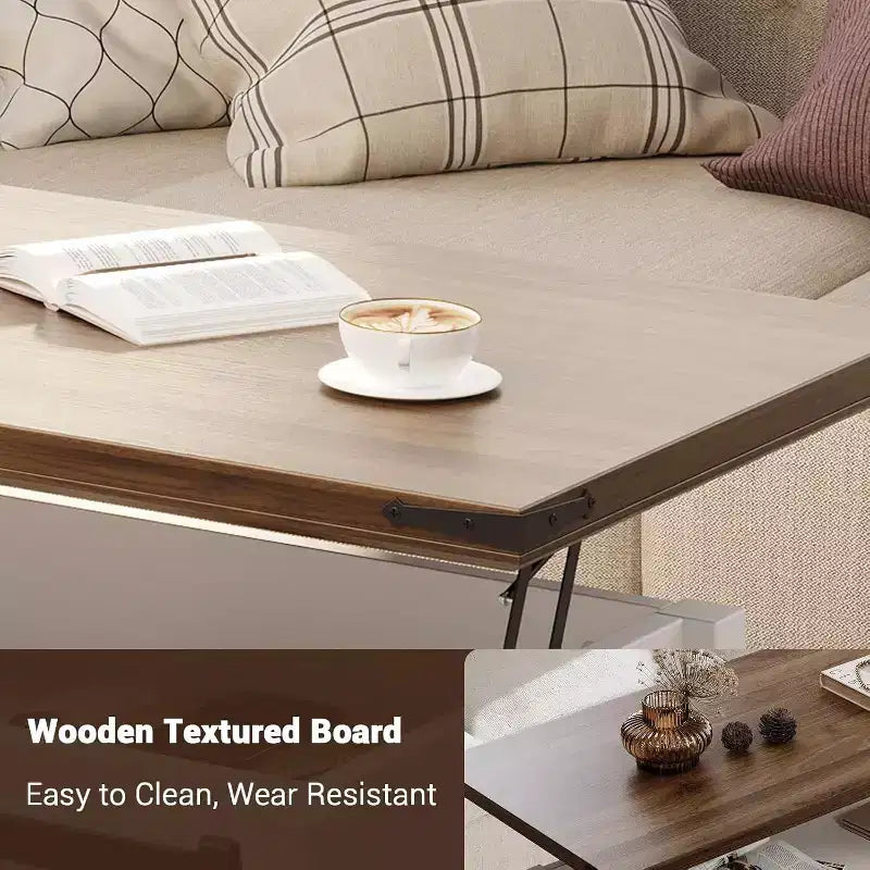 47.2" Lift Top Coffee Table with Storage, Drawers & Adjustable Shelves – Rustic Farmhouse Style