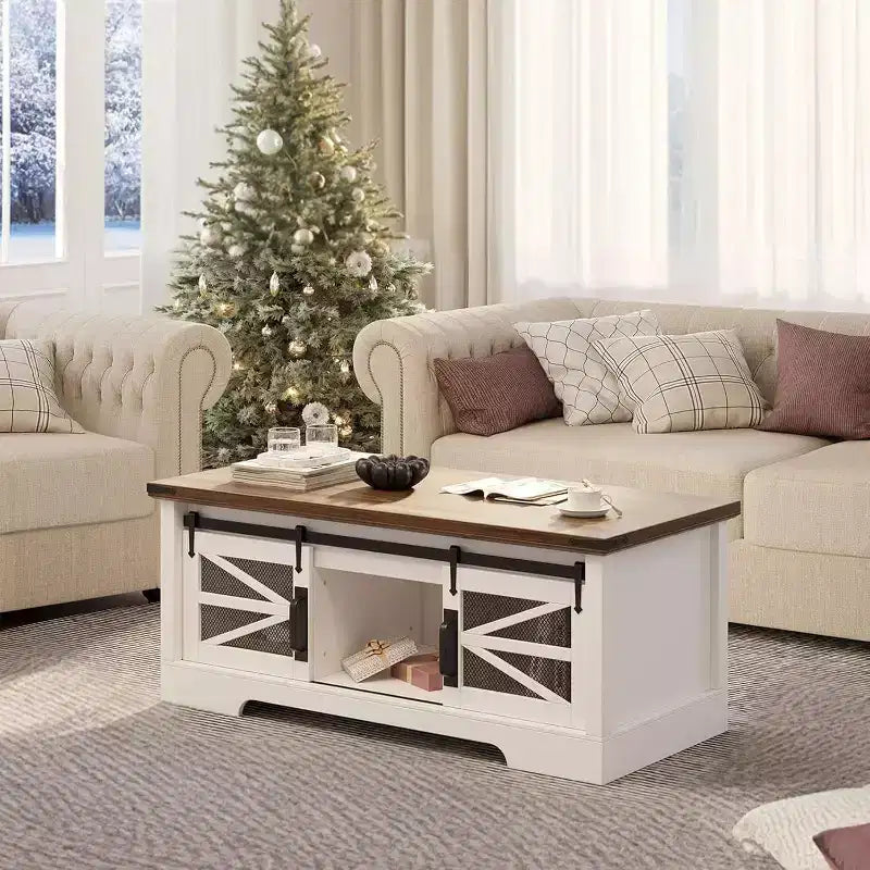 47.2" Lift Top Coffee Table with Storage, Drawers & Adjustable Shelves – Rustic Farmhouse Style