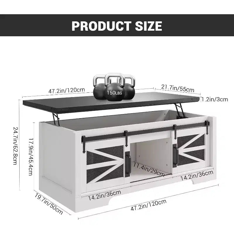 47.2" Lift Top Coffee Table with Storage, Drawers & Adjustable Shelves – Rustic Farmhouse Style
