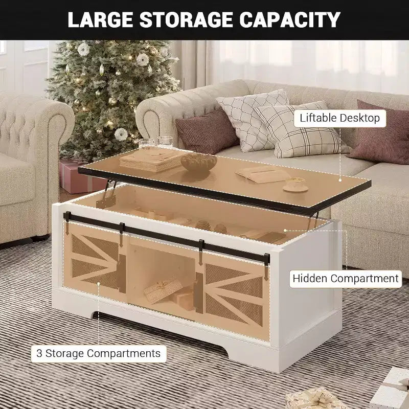 47.2" Lift Top Coffee Table with Storage, Drawers & Adjustable Shelves – Rustic Farmhouse Style