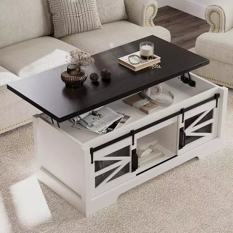 47.2" Lift Top Coffee Table with Storage, Drawers & Adjustable Shelves – Rustic Farmhouse Style