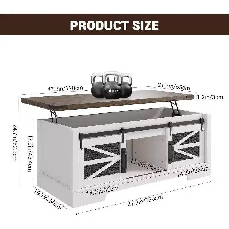 47.2" Lift Top Coffee Table with Storage, Drawers & Adjustable Shelves – Rustic Farmhouse Style