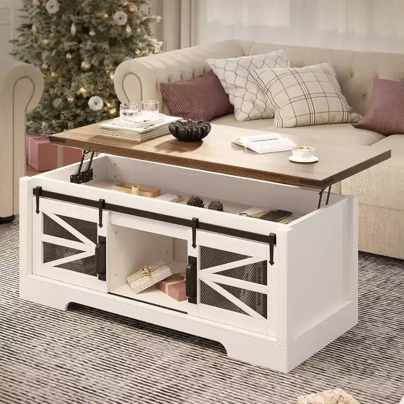 47.2" Lift Top Coffee Table with Storage, Drawers & Adjustable Shelves – Rustic Farmhouse Style