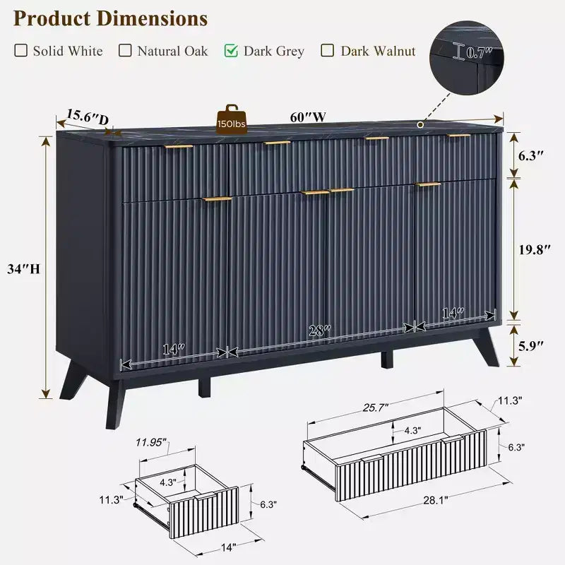 60-Inch Buffet Sideboard Cabinet with 3 Drawers and 4 Doors