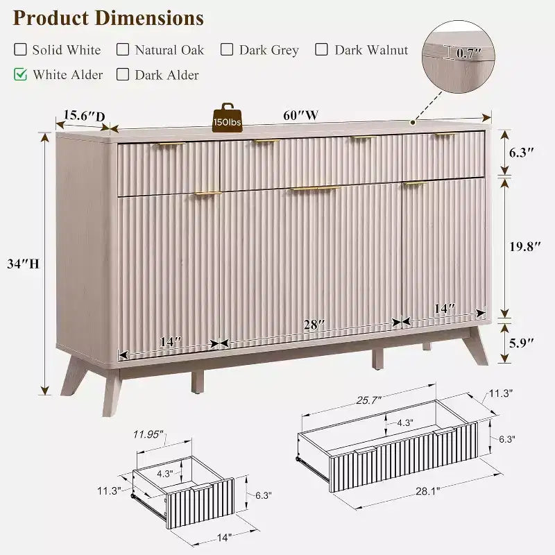60-Inch Buffet Sideboard Cabinet with 3 Drawers and 4 Doors