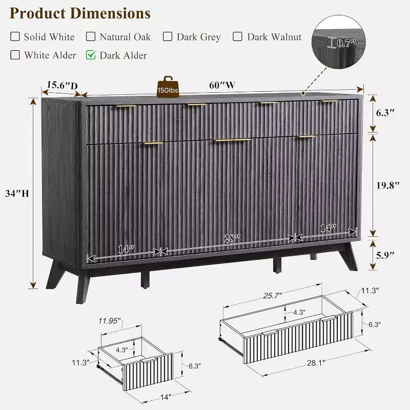 60-Inch Buffet Sideboard Cabinet with 3 Drawers and 4 Doors